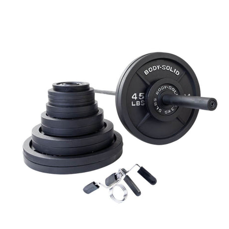 Body-Solid OSBS Black Cast Iron Olympic Weight Plates & Barbell Set